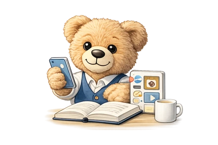 Teddybuzz Teddy mit Smartphone und Social-Media-Feed